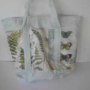 HANDMADE LIGHT BLUE/BUTTERFLY BIRD SPRING THEMED TOTE INSIDE POCKETS COTTAGE